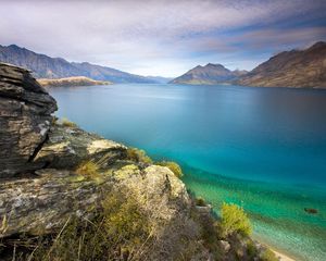 Preview wallpaper stones, coast, lake, water table, vegetation