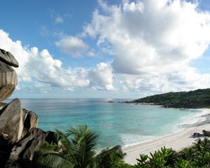 Preview wallpaper stones, coast, palm trees, tropics, equator