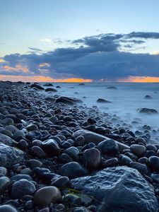 Preview wallpaper stones, coast, pebbles, sea, sky