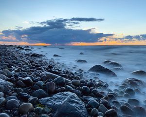 Preview wallpaper stones, coast, pebbles, sea, sky