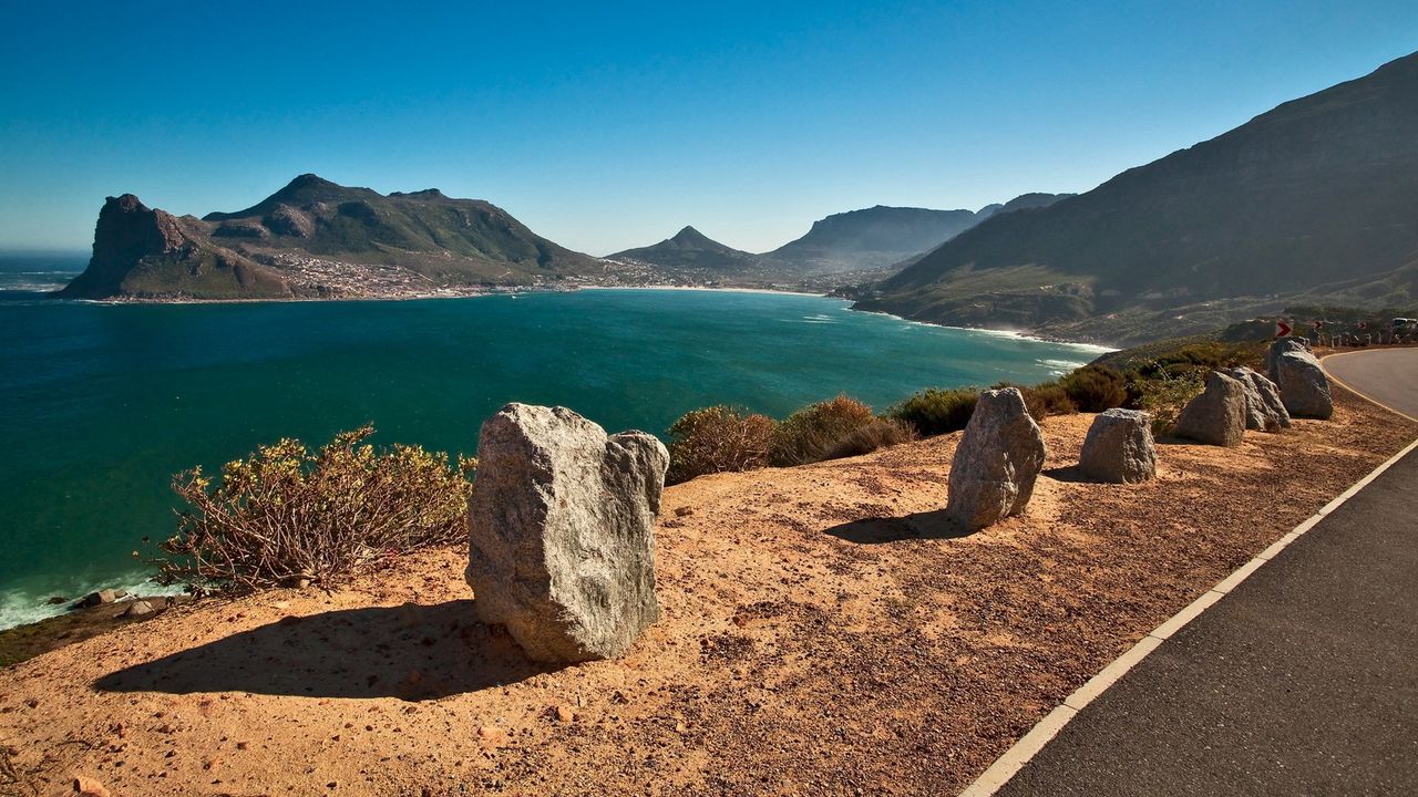 Wallpaper stones, coast, road, asphalt, sea