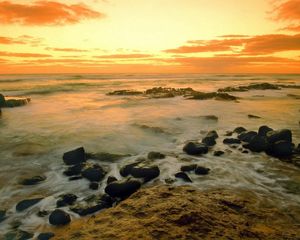 Preview wallpaper stones, coast, sea, wave, evening, sky, emptiness