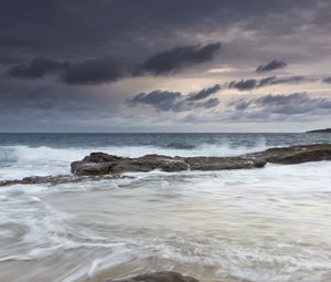 Preview wallpaper stones, coast, sea, surf, sky