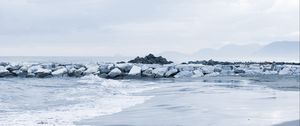 Preview wallpaper stones, coast, sea, surf, horizon