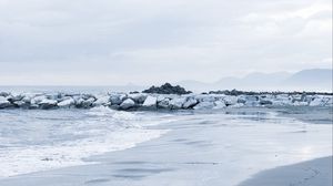 Preview wallpaper stones, coast, sea, surf, horizon