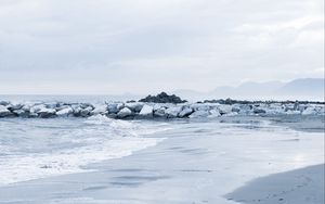 Preview wallpaper stones, coast, sea, surf, horizon