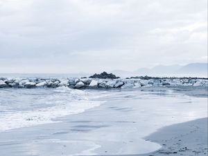 Preview wallpaper stones, coast, sea, surf, horizon