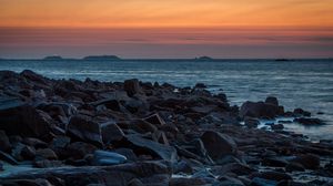 Preview wallpaper stones, coast, sea, twilight, nature