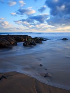 Preview wallpaper stones, coast, veil, wave, evening