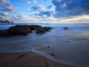 Preview wallpaper stones, coast, veil, wave, evening