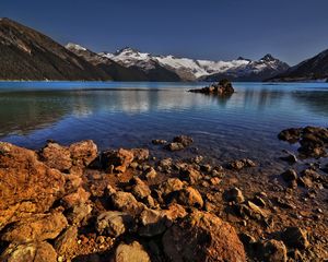 Preview wallpaper stones, coast, water, lake, transparent, mountains