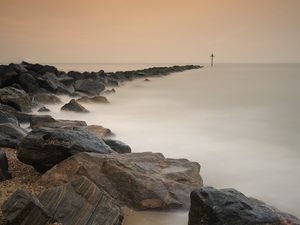 Preview wallpaper stones, cover, veil, sign, coast, fog