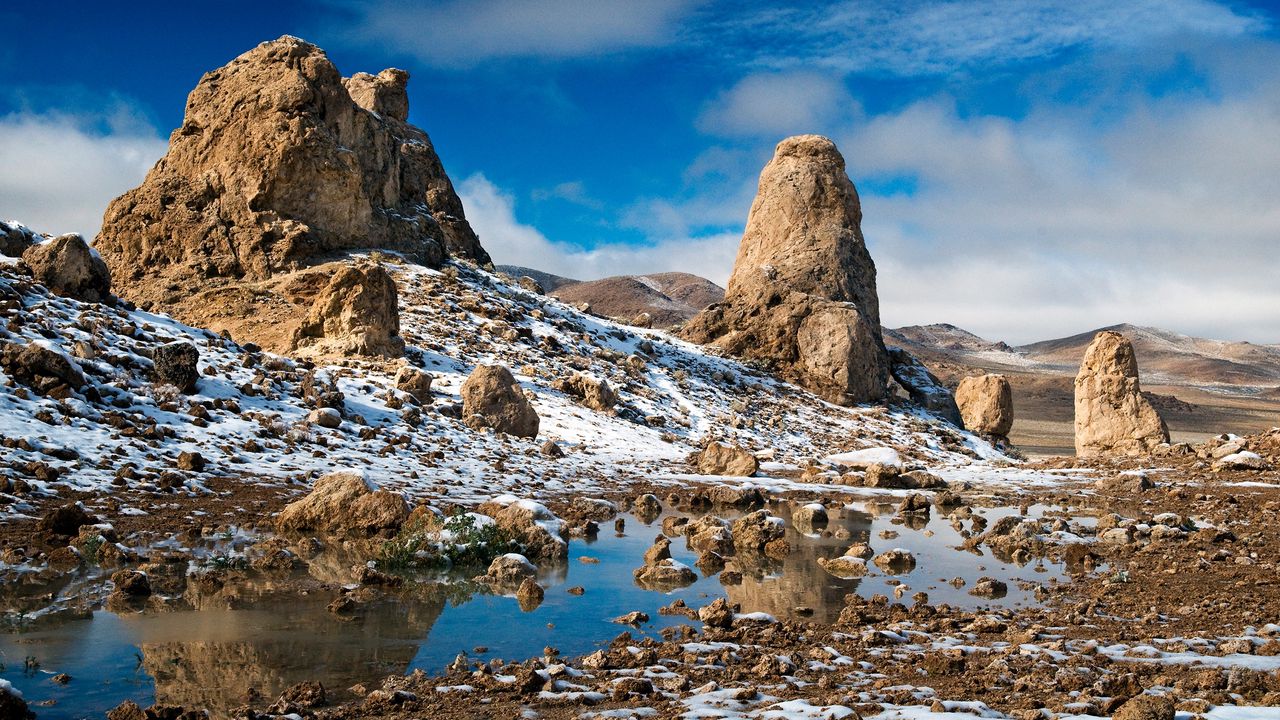 Wallpaper stones, empty, cold, snow, puddle