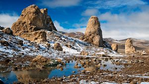 Preview wallpaper stones, empty, cold, snow, puddle