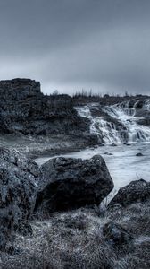 Preview wallpaper stones, falls, evening, lake, black-and-white