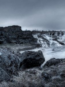 Preview wallpaper stones, falls, evening, lake, black-and-white