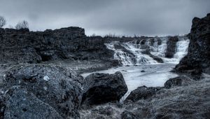 Preview wallpaper stones, falls, evening, lake, black-and-white