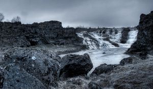 Preview wallpaper stones, falls, evening, lake, black-and-white