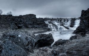 Preview wallpaper stones, falls, evening, lake, black-and-white