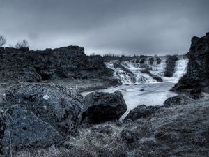 Preview wallpaper stones, falls, evening, lake, black-and-white