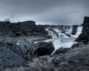 Preview wallpaper stones, falls, evening, lake, black-and-white