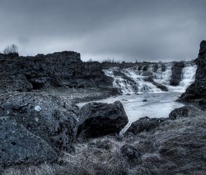 Preview wallpaper stones, falls, evening, lake, black-and-white