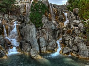 Preview wallpaper stones, falls, greens, vegetation