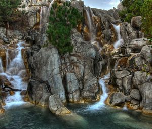 Preview wallpaper stones, falls, greens, vegetation