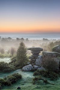 Preview wallpaper stones, fog, coast, vegetation, morning, dawn