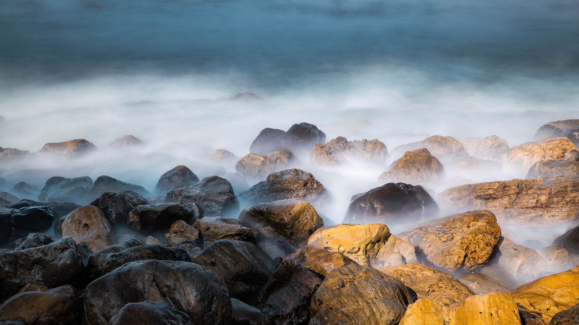 Download wallpaper 1920x1080 stones, fog, rocks, sea full hd, hdtv, fhd ...