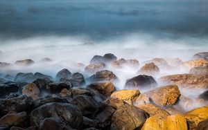 Preview wallpaper stones, fog, rocks, sea