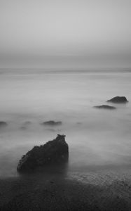 Preview wallpaper stones, fog, sea, black and white