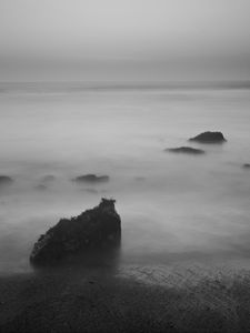 Preview wallpaper stones, fog, sea, black and white