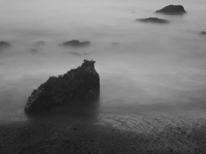 Preview wallpaper stones, fog, sea, black and white