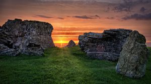Preview wallpaper stones, grass, sunset, sky