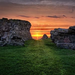 Preview wallpaper stones, grass, sunset, sky