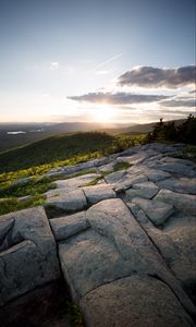 Preview wallpaper stones, hills, rays, sun