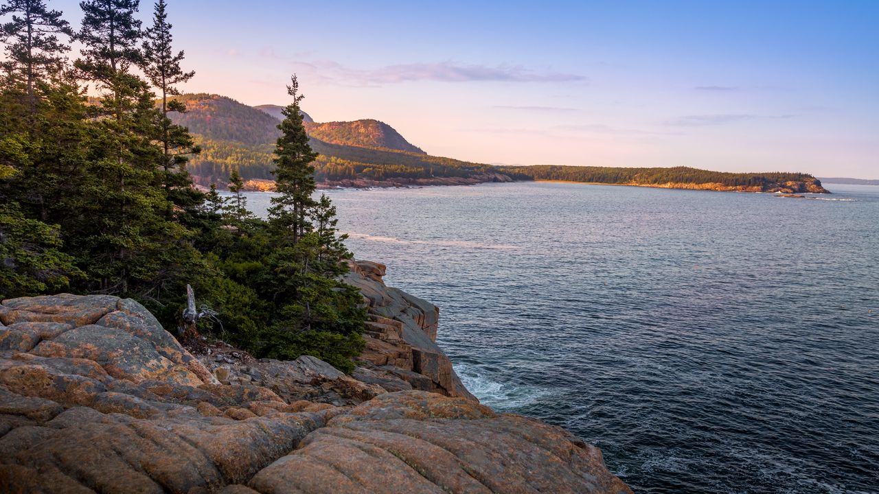 Wallpaper stones, hills, trees, sea, shore