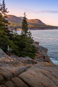 Preview wallpaper stones, hills, trees, sea, shore