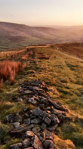 Preview wallpaper stones, hills, valley, pastures, fields, protection, evening