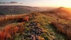 Preview wallpaper stones, hills, valley, pastures, fields, protection, evening