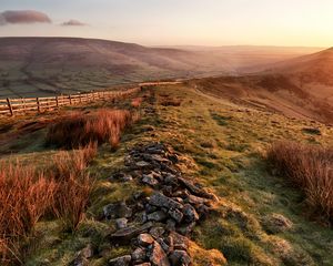 Preview wallpaper stones, hills, valley, pastures, fields, protection, evening