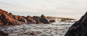 Preview wallpaper stones, jackdaws, rocks, sea, sky