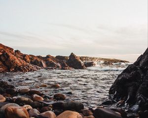 Preview wallpaper stones, jackdaws, rocks, sea, sky