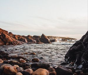Preview wallpaper stones, jackdaws, rocks, sea, sky