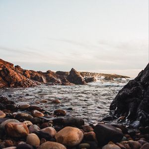 Preview wallpaper stones, jackdaws, rocks, sea, sky