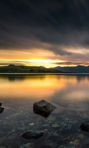 Preview wallpaper stones, lake, bottom, sunrise, hills