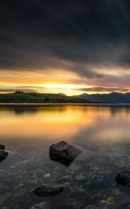 Preview wallpaper stones, lake, bottom, sunrise, hills