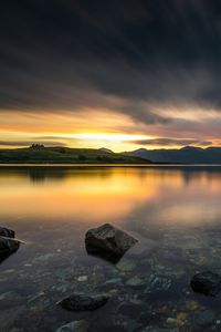 Preview wallpaper stones, lake, bottom, sunrise, hills