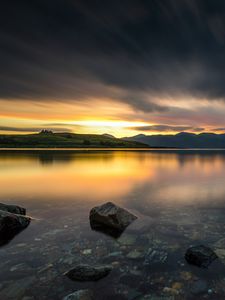 Preview wallpaper stones, lake, bottom, sunrise, hills